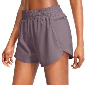 Women's Dusty Purple High-Waisted Running Shorts with Zipper Pockets, Built-in L